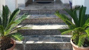 Ein Gebäudeeingang mit einer Treppe aus Stein, die zu einer Tür führt. Auf jeder Seite der Treppe stehen je ein Blumentopf.