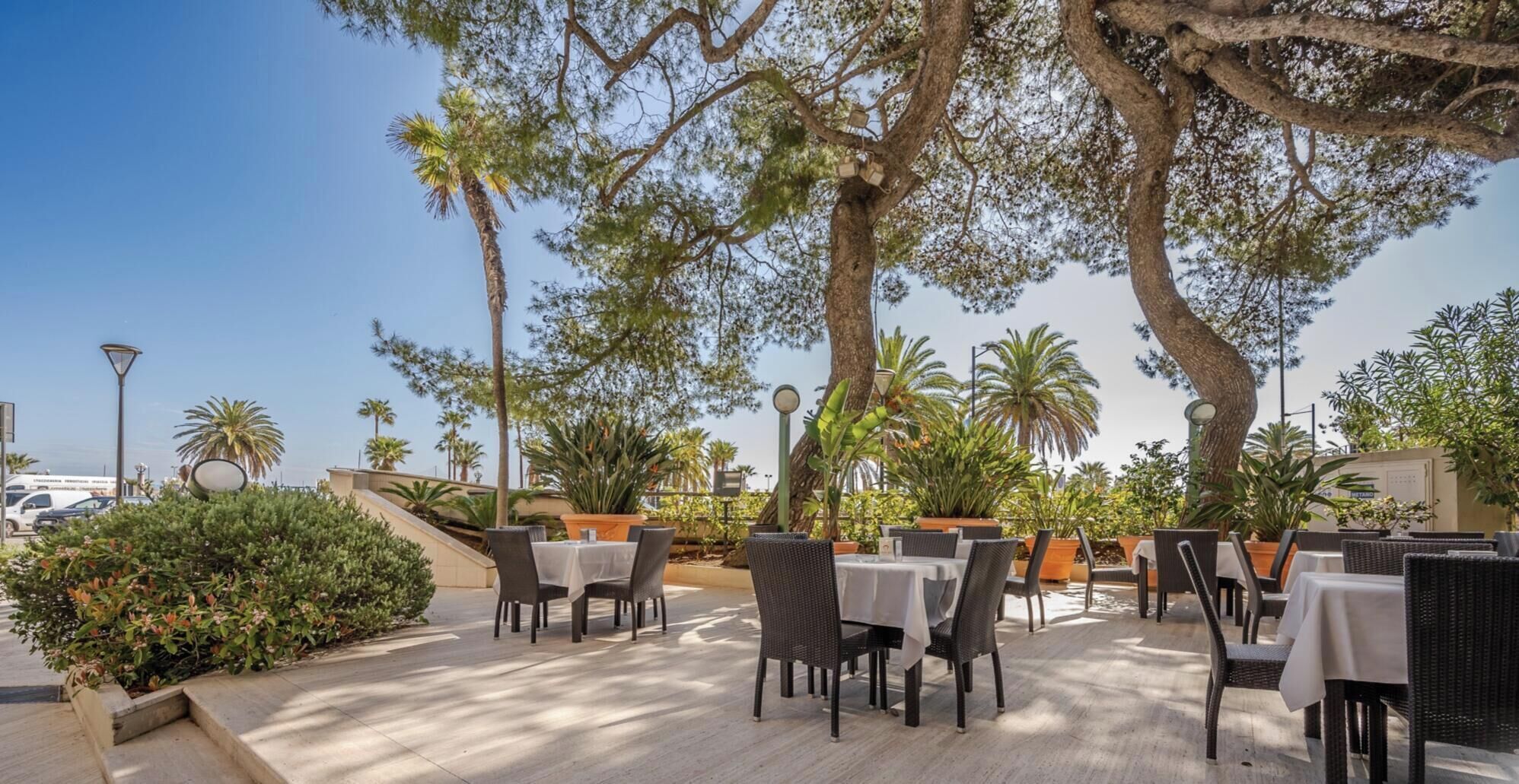 An outdoor dining area with tables and chairs, surrounded by trees and plants.