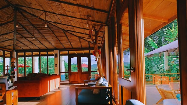 A spacious indoor area with wooden beams and large windows offering views of greenery outside. - The River House (Puerto Quito)