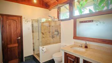 A bathroom with a wooden ceiling, a glass shower enclosure, a toilet, and a sink with a mirror.
