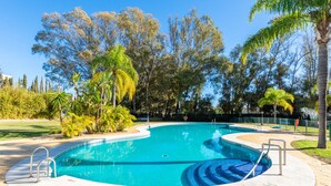 Una piscina de diseño curvo, rodeada por una terraza pavimentada y palmeras.