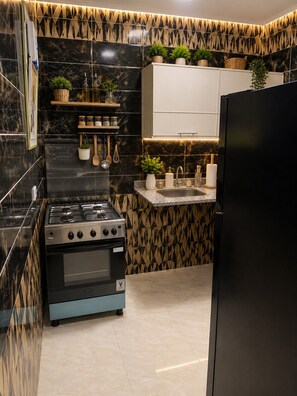 A kitchen with a gas stove, oven, and a black refrigerator. - Casa Rosa - المهندسين (Giza)