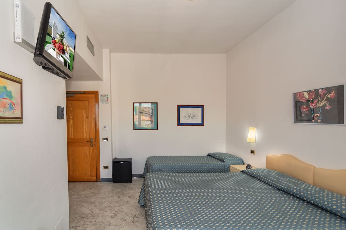 A hotel room with two single beds, a television mounted on the wall, a wooden door, and framed artwork on the walls.