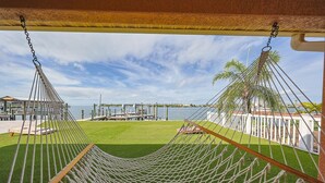 Una hamaca en un espacio cubierto de hierba con vistas a un puerto deportivo y al agua.