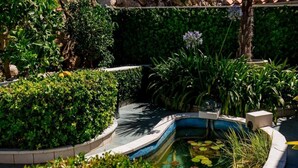 Een aangelegde tuin met een zwembad in een boogvorm, omringd door diverse planten en een klein beeldje.