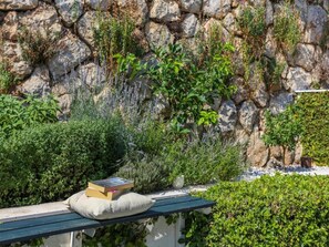 Un mur de pierres sur lequel poussent différentes plantes, ainsi qu’un banc avec des livres et un coussin.