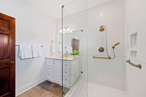 Shower, hair dryer, shampoo