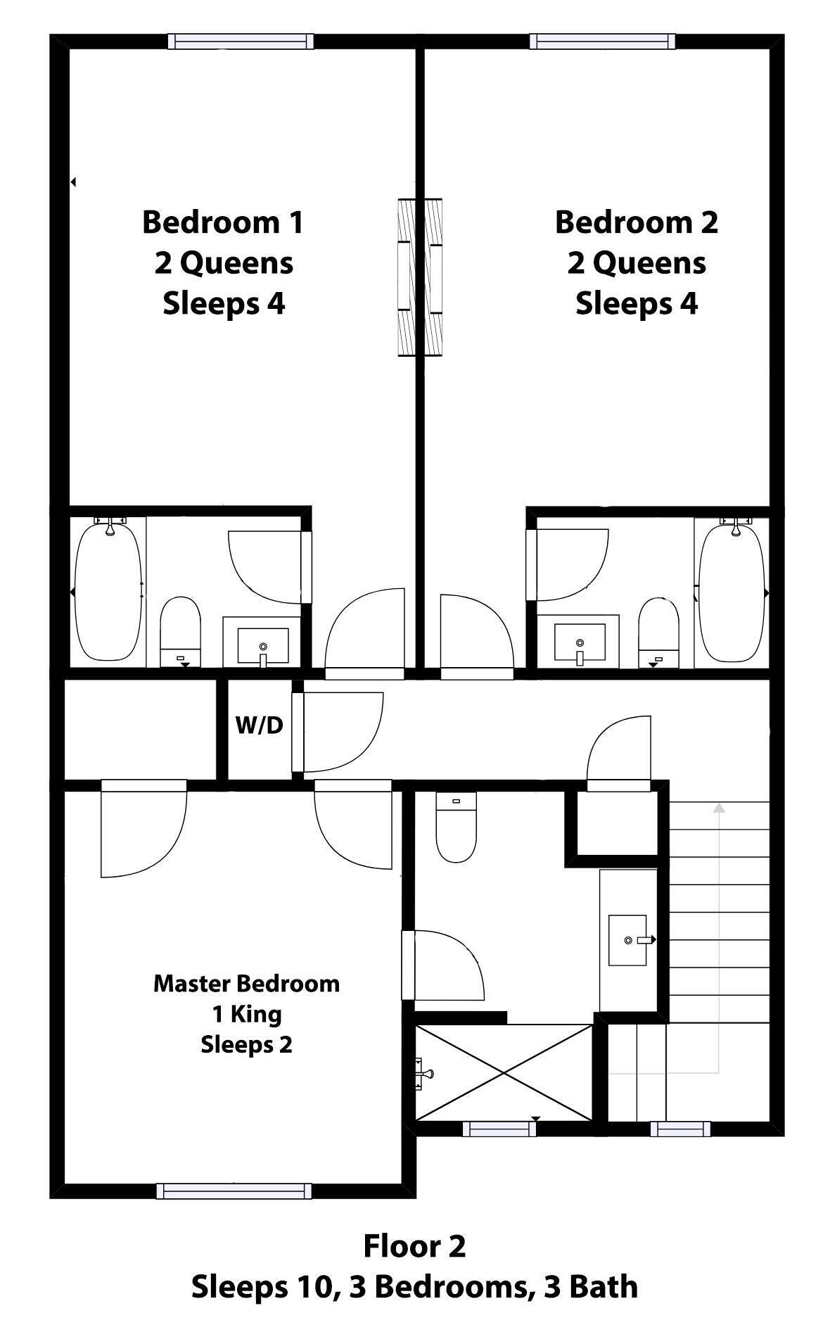 Een plattegrond van een hotel met 3 slaapkamers, 3 badkamers en 10 slaapplaatsen op de tweede verdieping.
