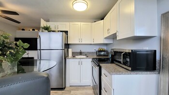 Premium Apartment | Private kitchen | Fridge, microwave, cookware/dishes/utensils, paper towels at Beachway Inn