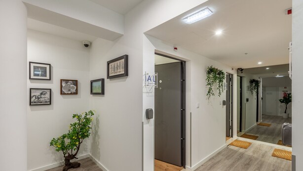 A hallway with white walls, framed artwork, a potted plant, and a door leading to another room. - Underground Batalha Studios - D (Oporto)