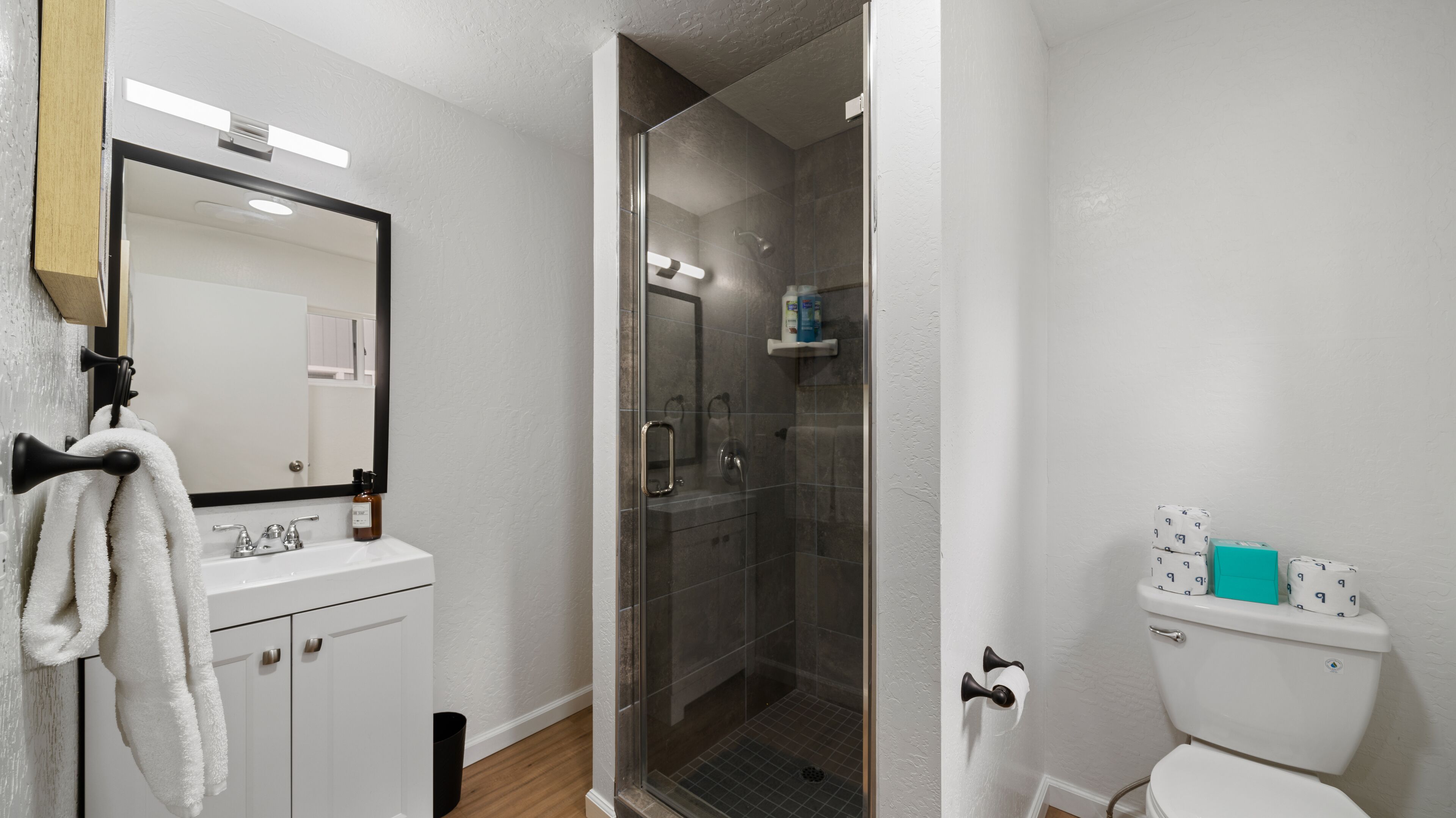 A modern bathroom with a glass-enclosed shower, a white sink, and a toilet.