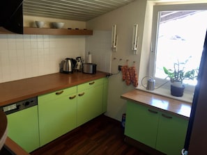 A kitchen with green cabinets, a wooden countertop, a kettle, a toaster, and a window with a plant.