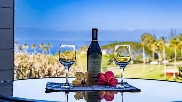 Une table sur laquelle se trouvent une bouteille de vin Caymus, deux verres de vin et deux fleurs, le tout posé sur une table en verre offrant une vue sur l’océan et les palmiers.