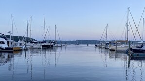 Eine Marina mit mehreren vertäuten Booten, ruhigem Wasser und klarem Himmel.