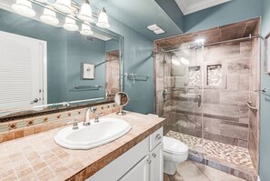 Shower, hair dryer, towels