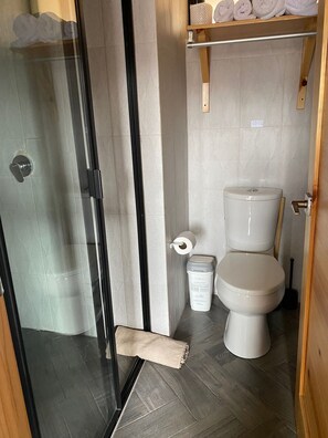 Un baño con inodoro, ducha y dispensador de papel higiénico.