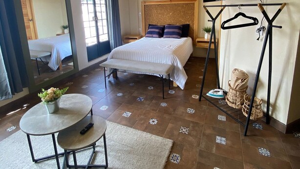Habitación de hotel con cama, televisión, mesa con sillas, una mesita con una planta y un espejo.