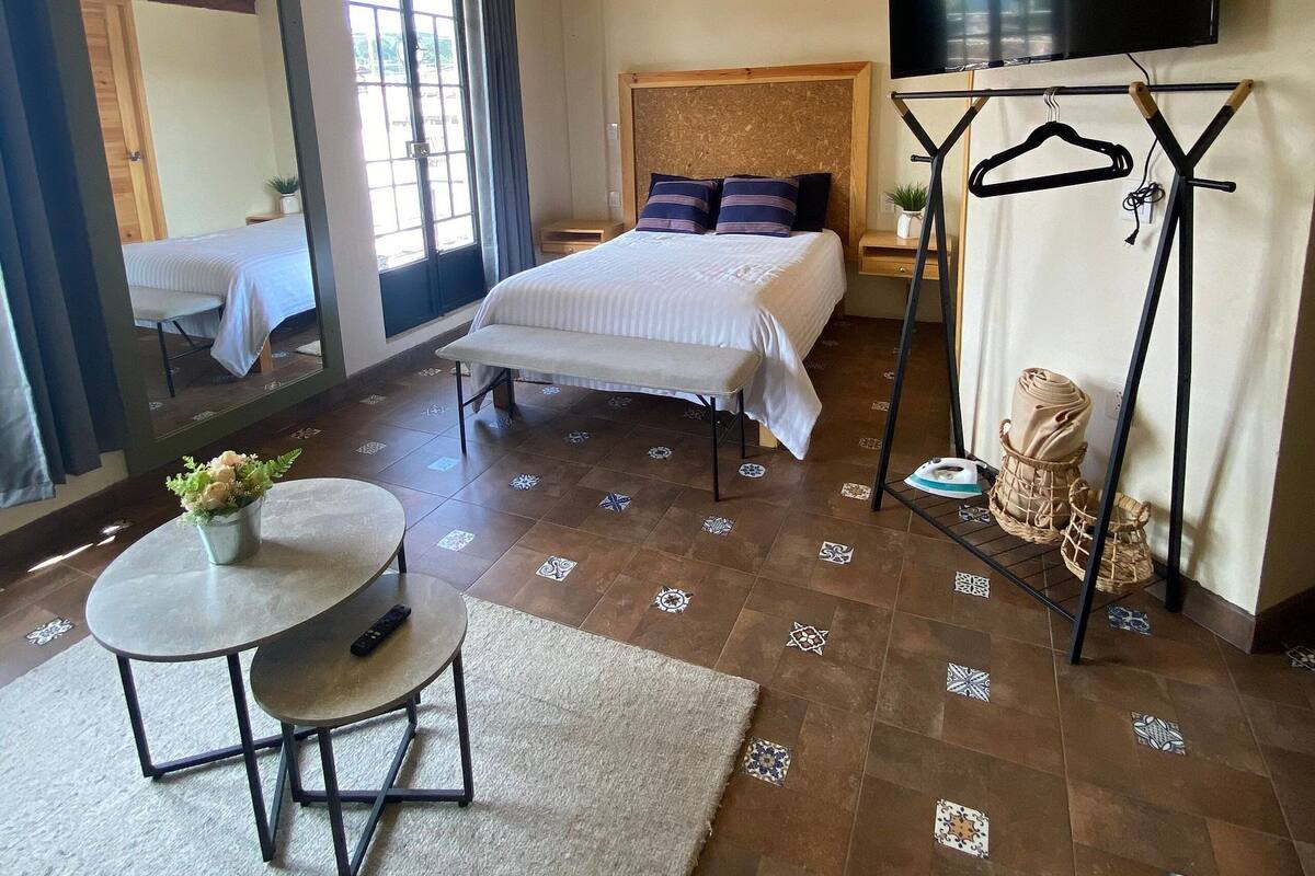 Habitación de hotel con cama, televisión, mesa con sillas, una mesita con una planta y un espejo.