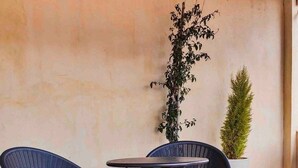 An outdoor patio with two chairs and a table, a potted plant, and a tall plant against a wall. - Oh Baja California (San Cristóbal de las Casas)