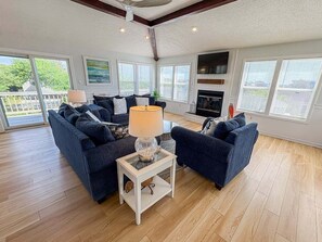 TV, fireplace, books
