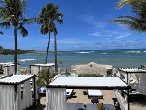 A beachside hotel with white canopied cabanas, a pool area, and a view of the ocean.