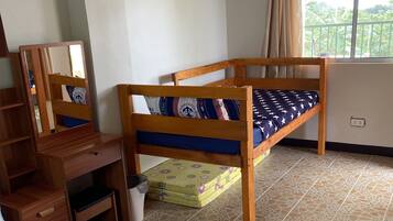 2 bedrooms, laptop workspace, blackout drapes, soundproofing