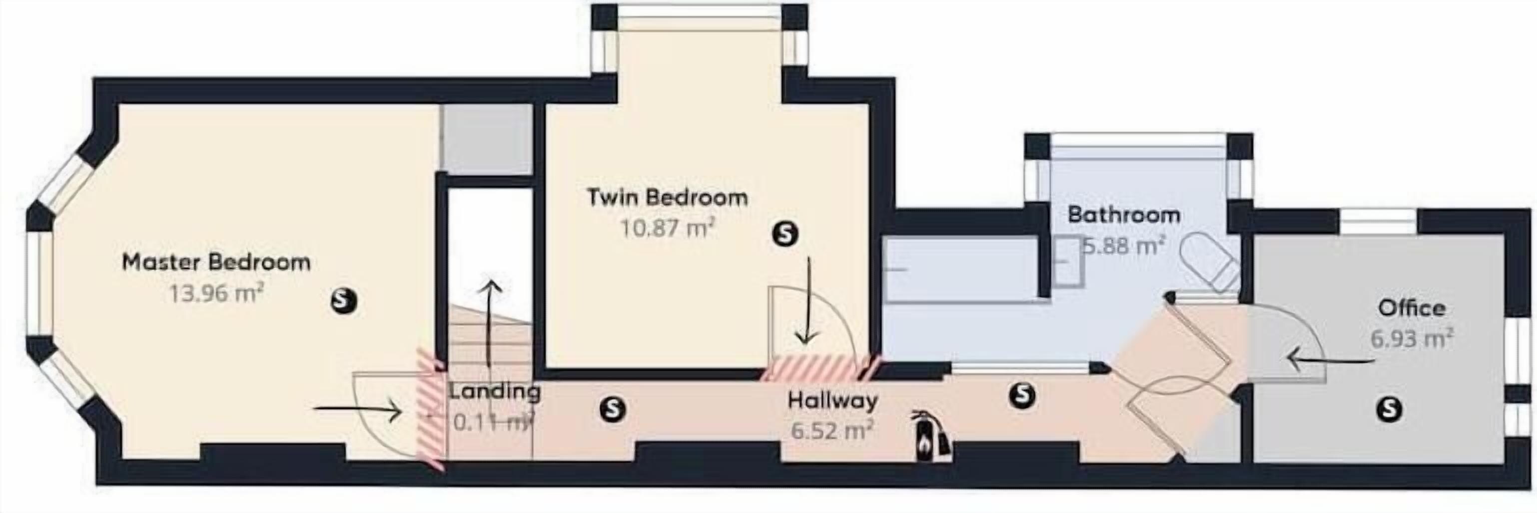 A floor plan with a master bedroom (13.96 m²), twin bedroom (10.87 m²), bathroom (5.88 m²), office (6.93 m²), and a hallway (6.52 m²).