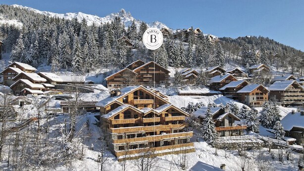 A snow-covered mountain resort with wooden chalets and a prominent 'Barnes International' sign. - Magnificent 8-person Meribel Centre apartment with Nordic bath on terrace (Les Allues)