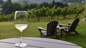 A glass of white wine on a table with a view of a vineyard and outdoor seating area. - 28 North Extended Stay Suites!! pickleball, hot tubs! (Traverse City)