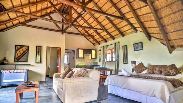 A spacious room with a high ceiling and a thatched roof, featuring a bed, a sofa, a television, and a dining area.