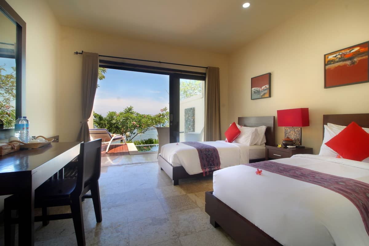 Habitación de hotel con dos camas, un escritorio y vistas al exterior.