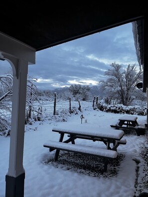 Outdoor dining - Quiet and cozy country home with mountain views in every direction. Sleeps 6 (Ranchos de Taos)