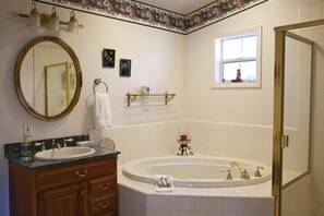 Hair dryer, towels, soap, shampoo