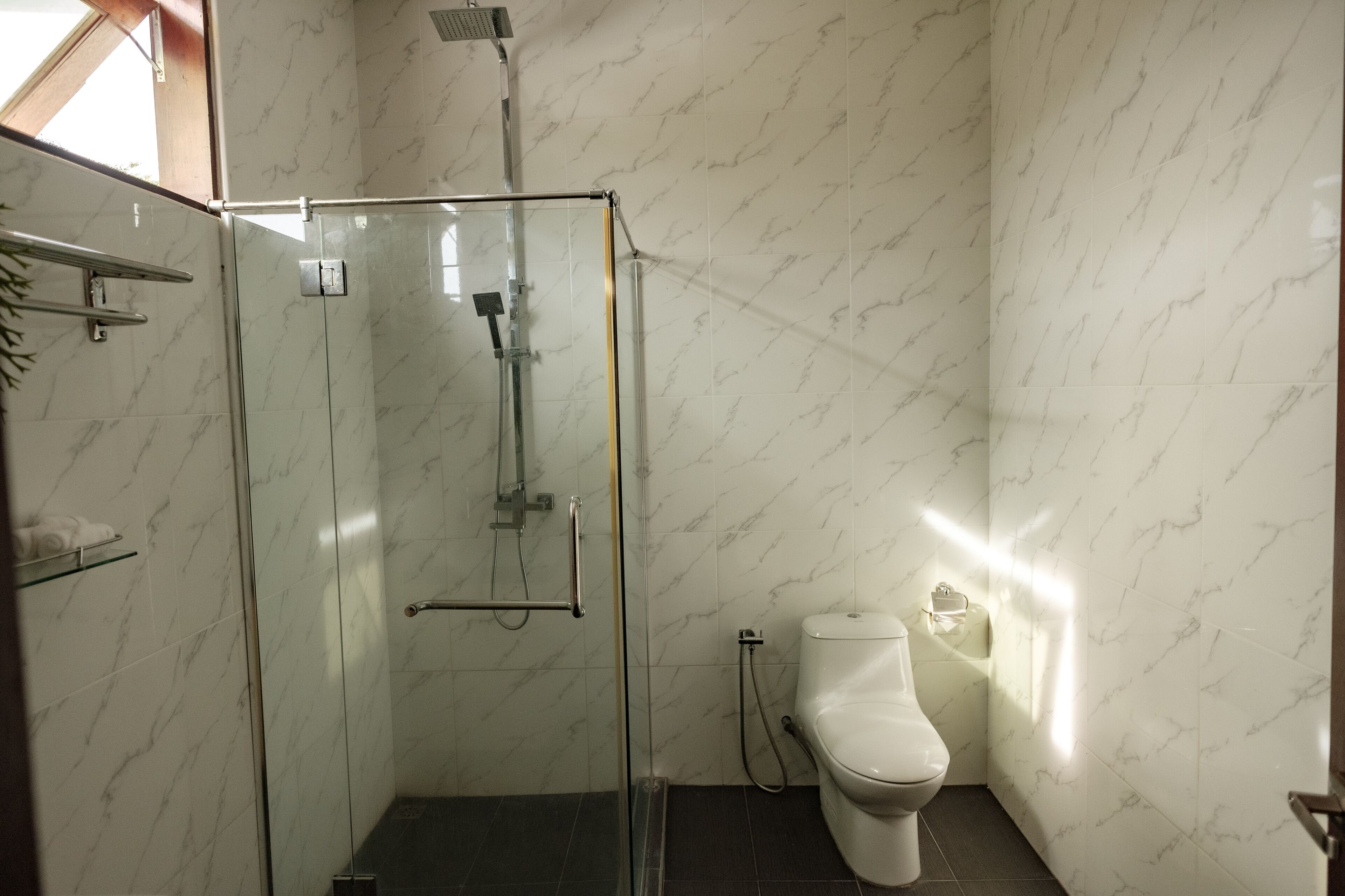 A bathroom with a glass-enclosed shower, a toilet, and a towel rack.