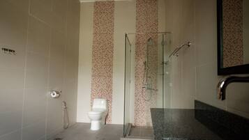 Shower, hair dryer, bidet, towels