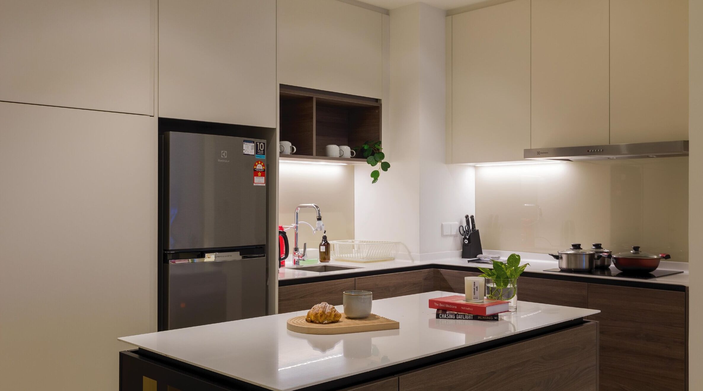 Une cuisine moderne équipée d’un réfrigérateur encastré, d’un évier et d’une cuisinière. On peut voir une plante sur le plan de travail et un livre intitulé « À la poursuite de la lumière » sur l’îlot central.