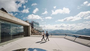 Un edificio moderno con fachadas de vidrio y un paseo pavimentado.