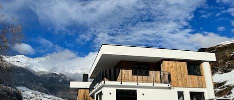 A modern two-story house with a flat roof, large windows, and a wooden facade.
