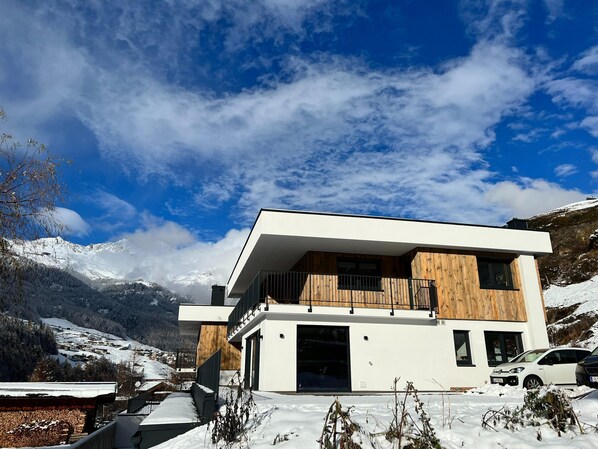 A modern two-story house with a flat roof, large windows, and a wooden facade.