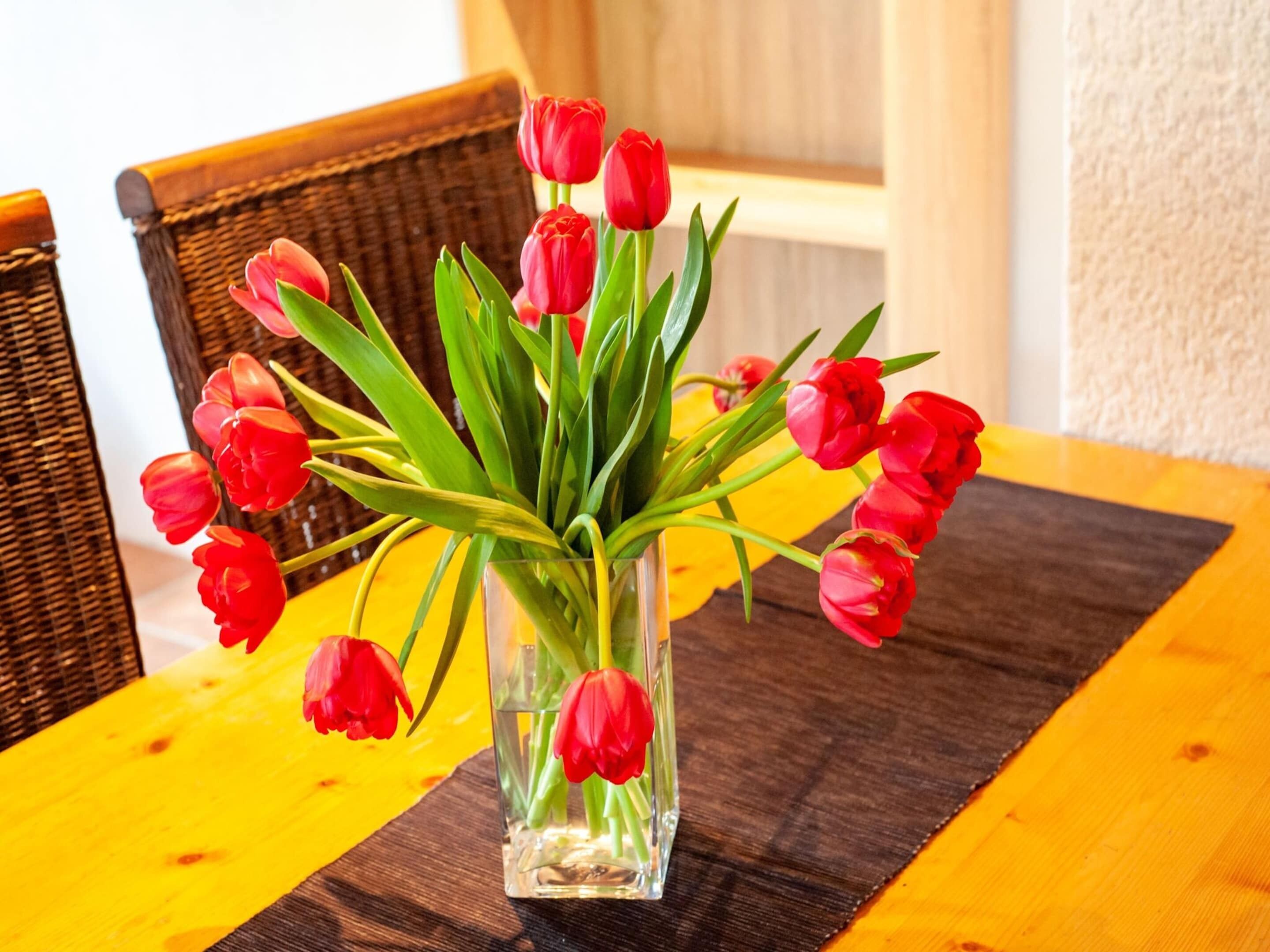 A clear glass vase with red tulips on a yellow table.