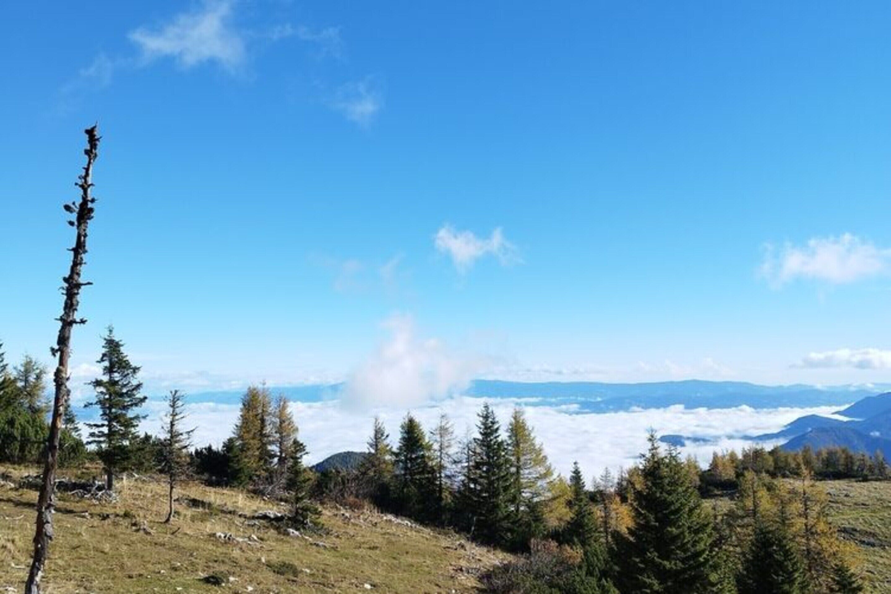Eine gebirgige Landschaft mit blauem Himmel und Blick auf ferne Berge.