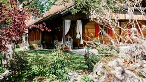 Ein rustikales Holzhaus mit Veranda, umgeben von Grünpflanzen und Bäumen.
