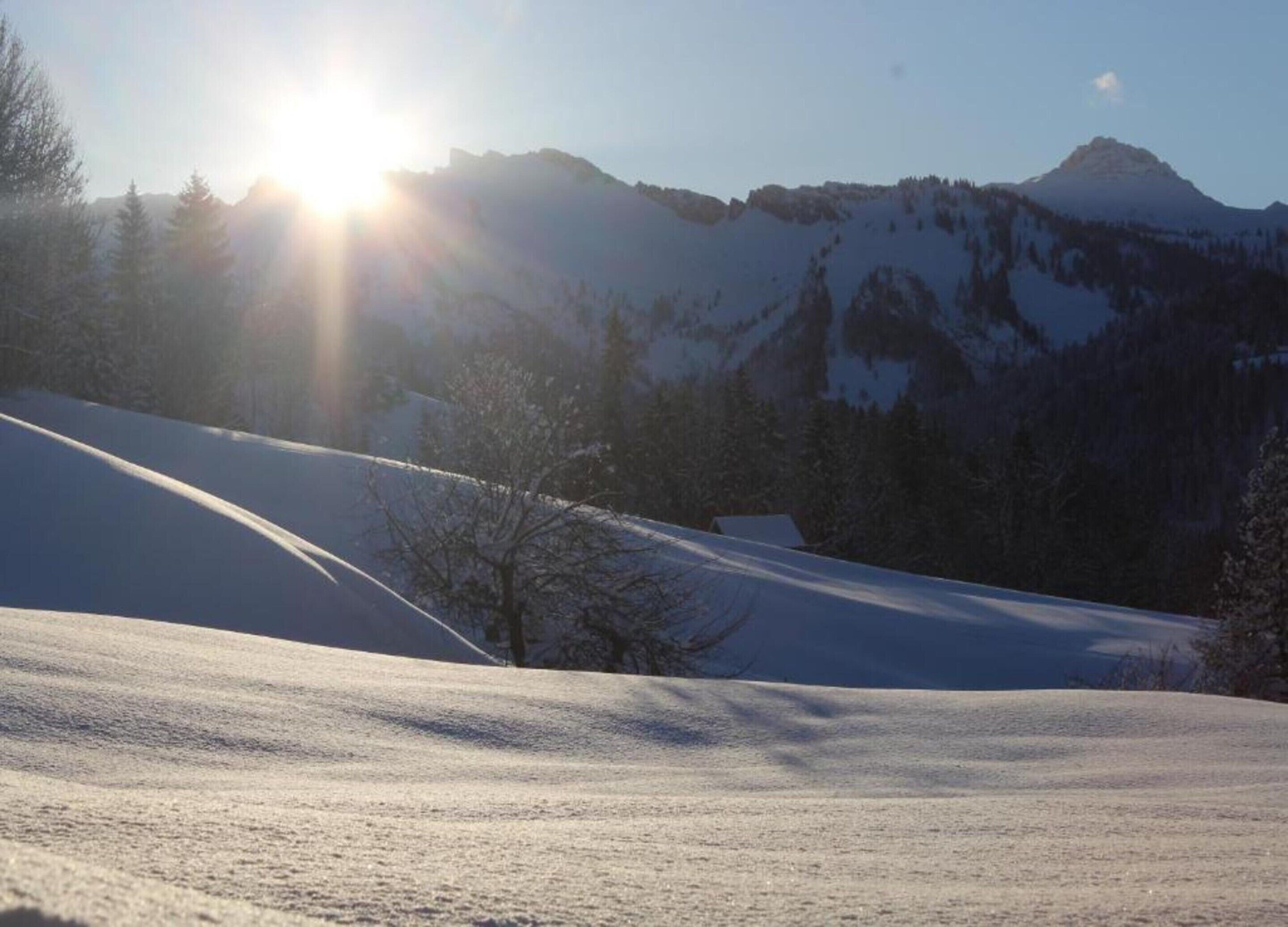 Schneebedeckte Landschaft mit einem Berg im Hintergrund und der Sonne, die scheint.