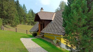 Un chalet rustique avec un toit en pente, un chemin de gravier menant à l’entrée et une clôture en bois en arrière-plan.