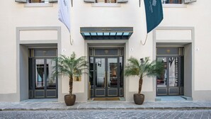 A building facade with a double door entrance, two potted palm trees, and two flags. - Hotel La Gemma (Florence)