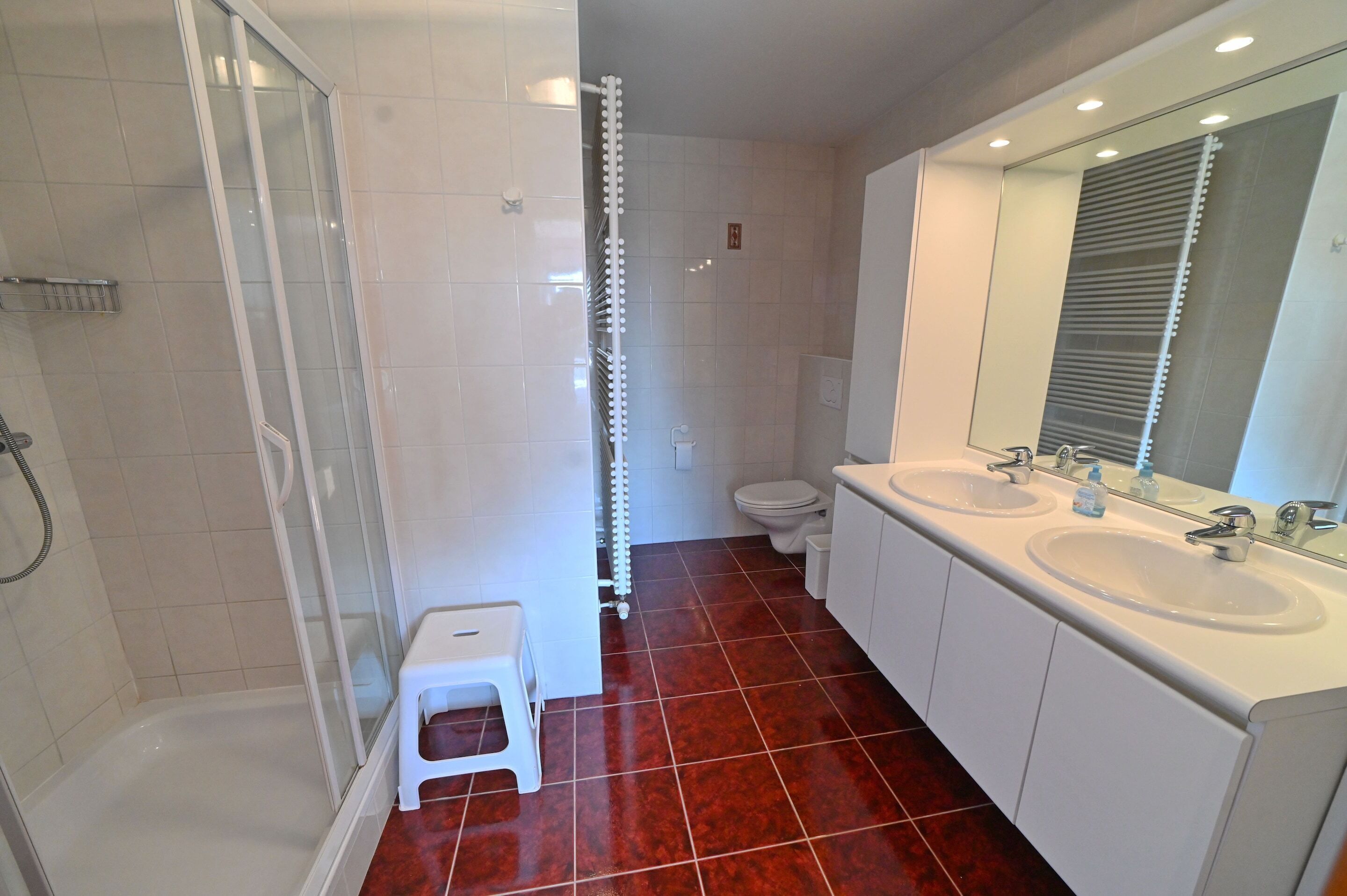 A bathroom with a glass-enclosed shower, a toilet, and a double sink vanity.