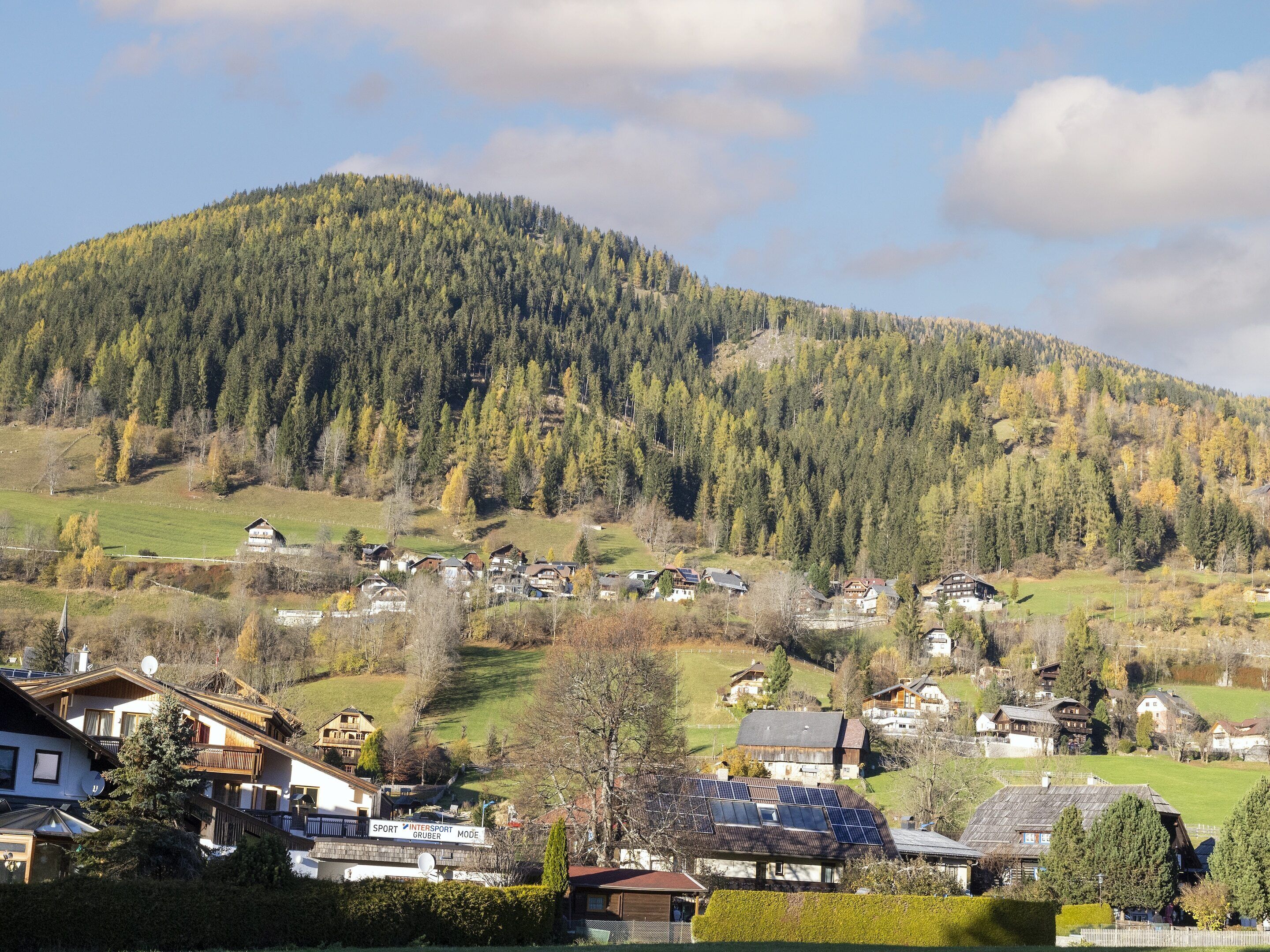 A mountainous landscape with a village.