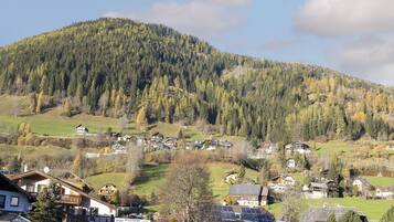 A mountainous landscape with a village.