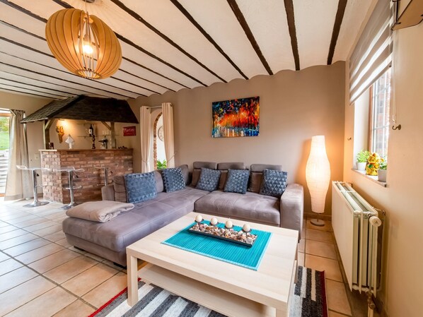 Un salon comprenant un canapé, une table basse, un luminaire suspendu, une cheminée et une fenêtre ornée de plantes.