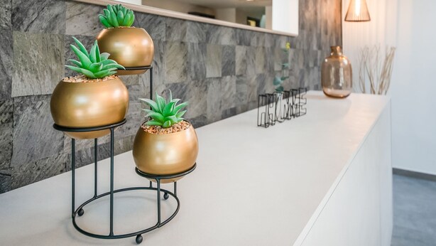 Ett entrérum med en vägg av marmor, en modern lampa och tre guldfärgade krukor med gröna växter.